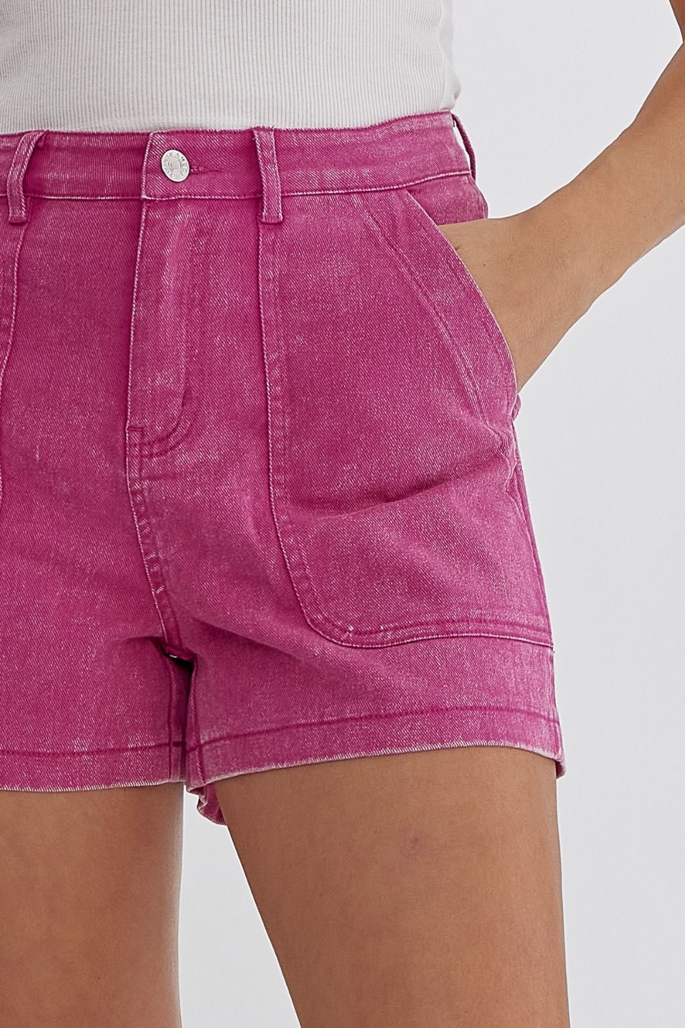 HIGH WAIST DENIM SHORTS - FUCHSIA