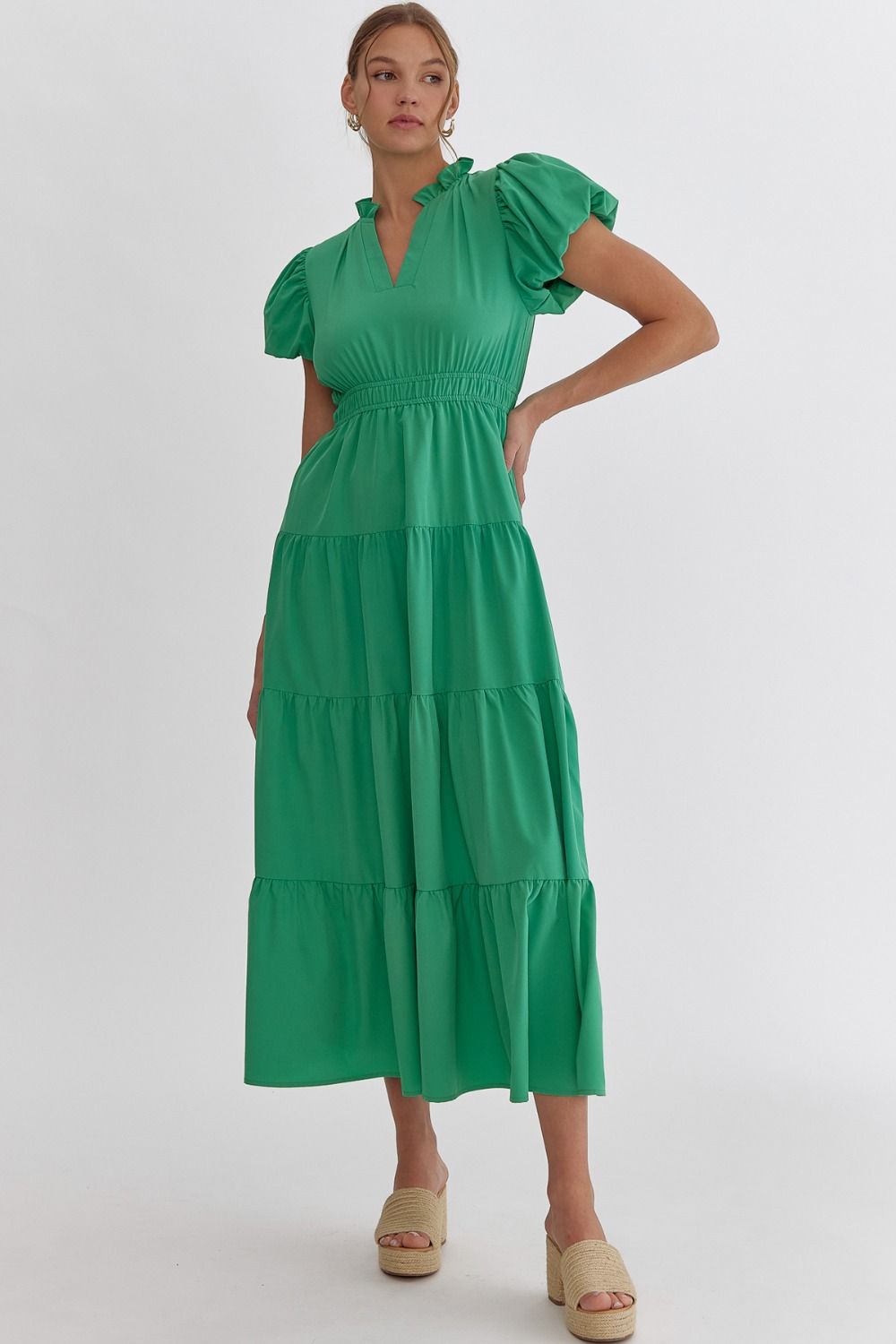 V NECK TIERED MIDI DRESS - GREEN