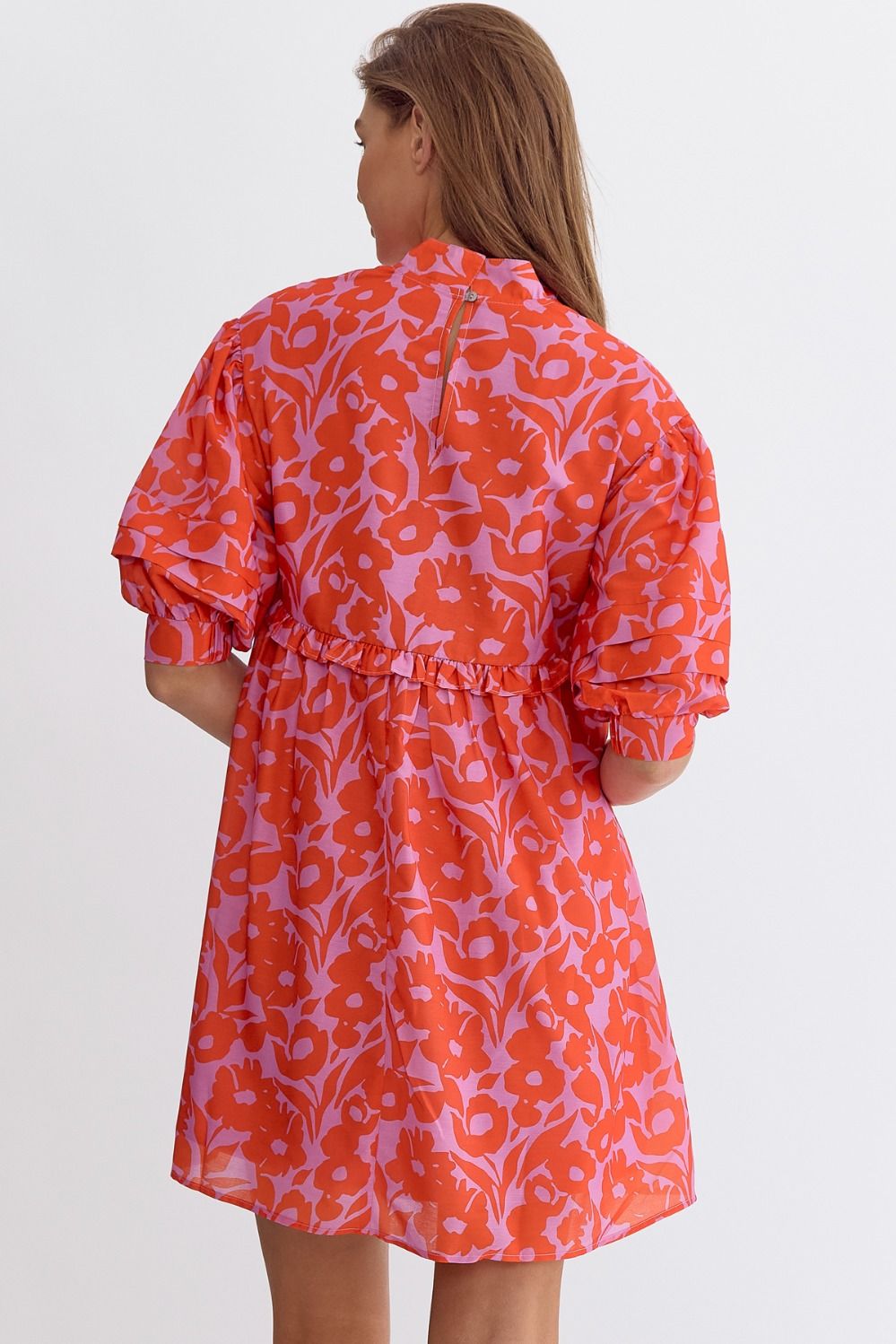 FLORAL PUFF SLEEVE MINI DRESS - ORANGE/LAVENDER