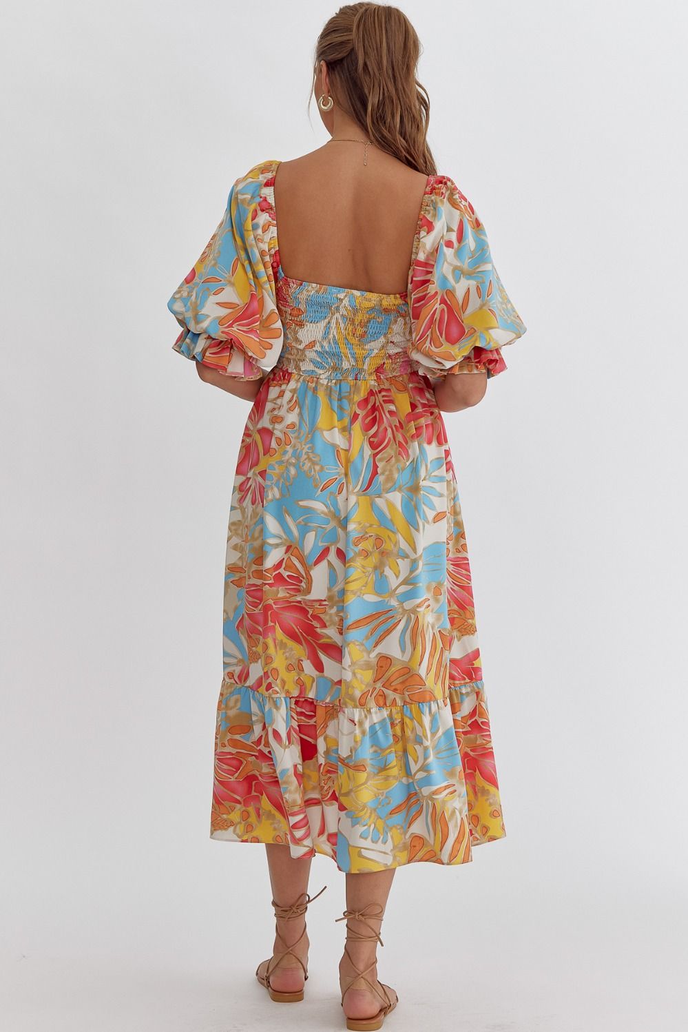 TROPICAL PRINT SQUARE NECK MIDI DRESS - BLUE/PINK COMBO