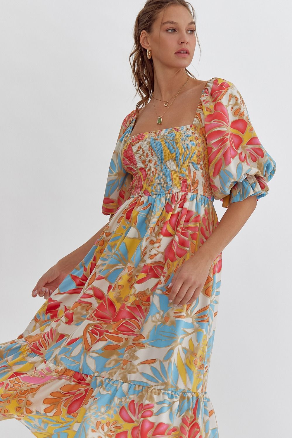 TROPICAL PRINT SQUARE NECK MIDI DRESS - BLUE/PINK COMBO