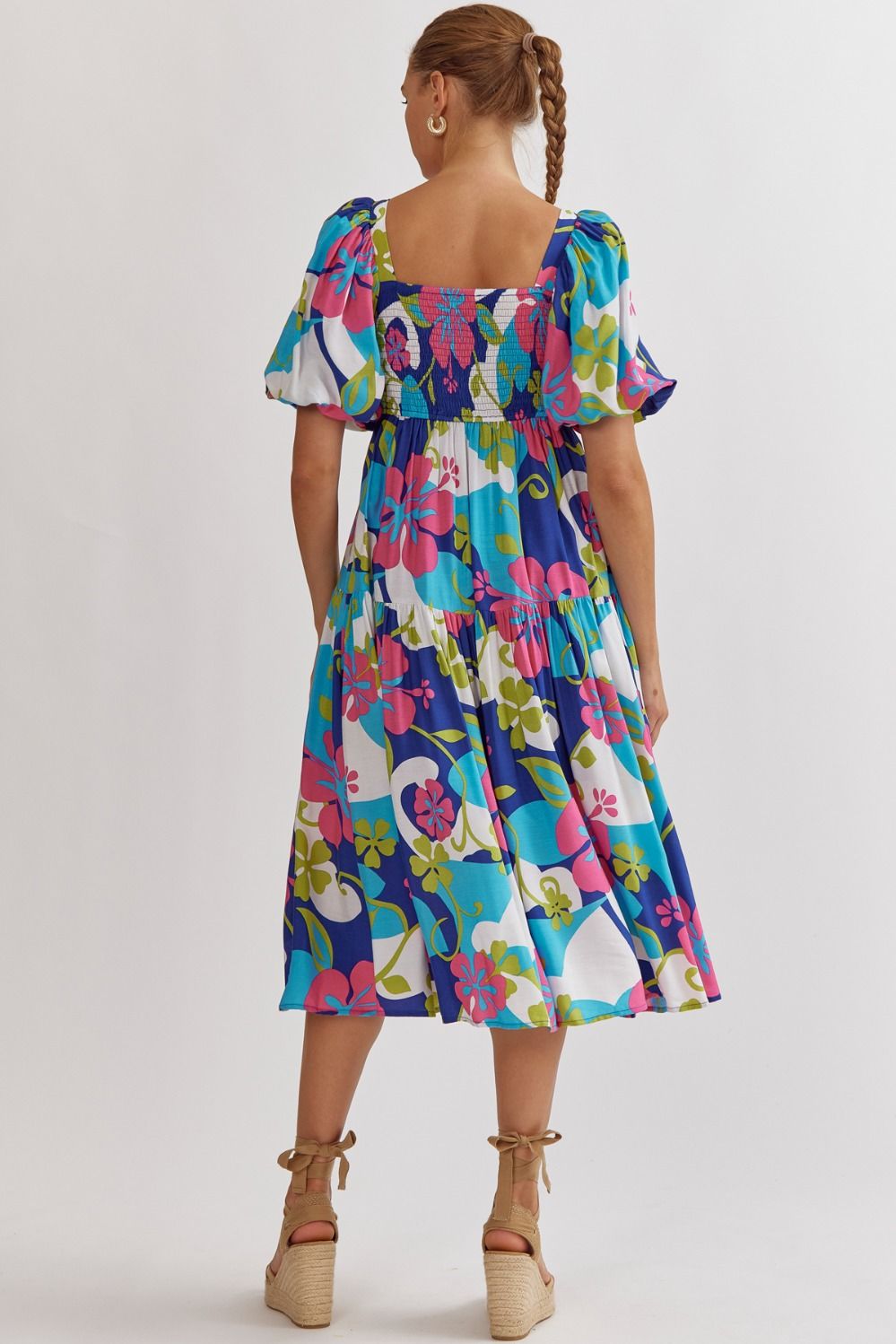 FLORAL PRINT SQUARE NECK MIDI DRESS - ROYAL COMBO