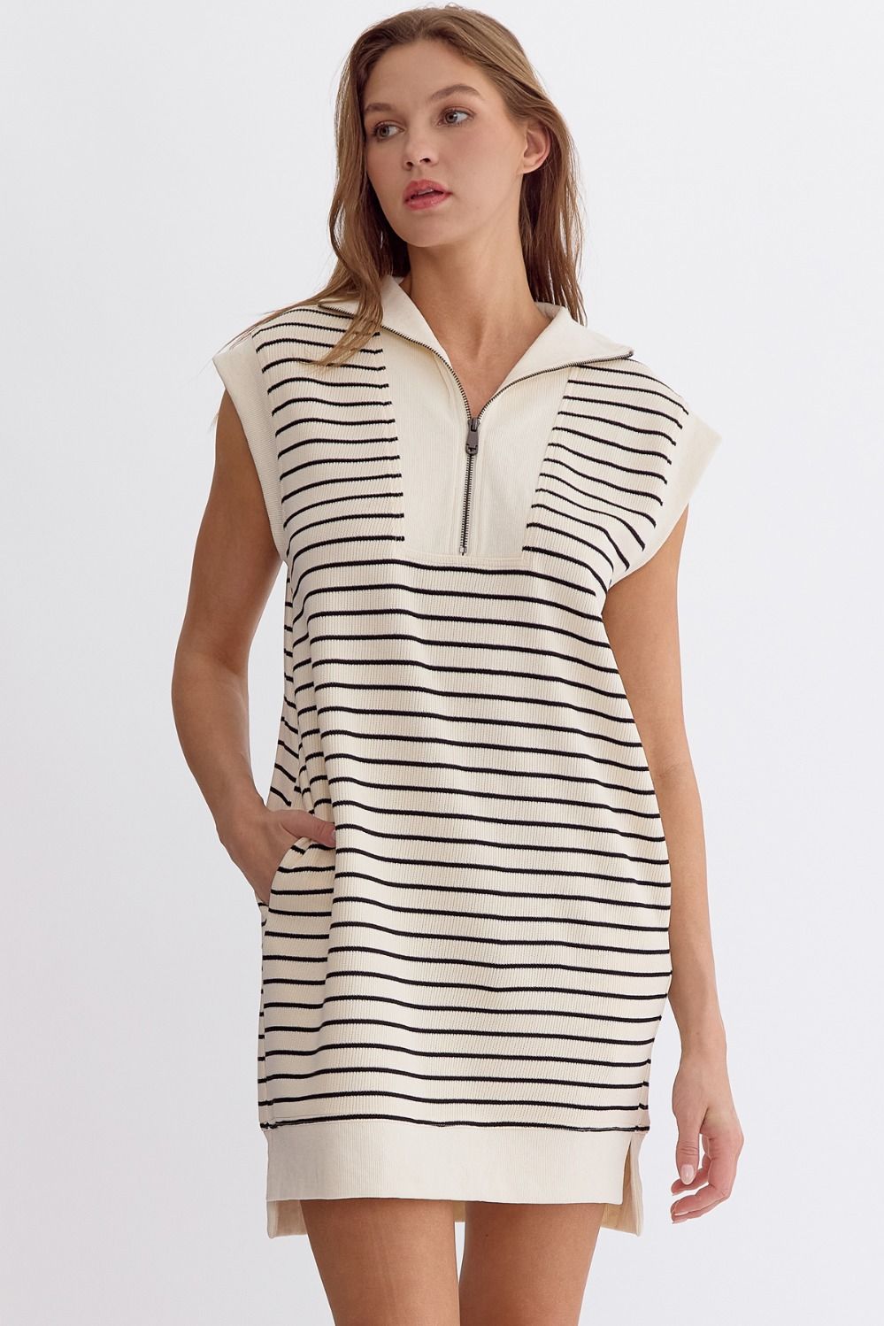 RIBBED CAP SLEEVE MINI DRESS - CREAM/BLACK