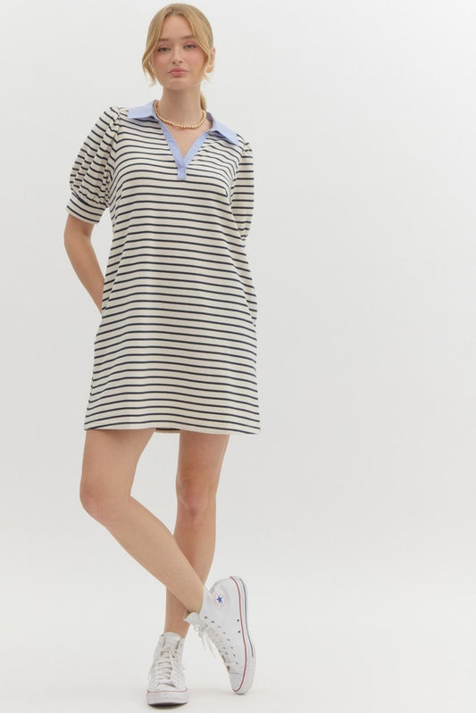 STRIPE V NECK COLLARED MINI DRESS - OFF WHITE