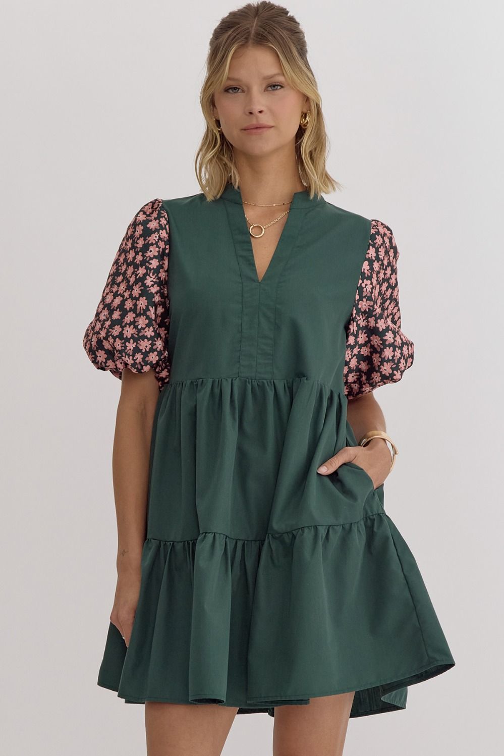 SOLID V NECK BUBBLE SLEEVE MINI DRESS - HUNTER GREEN