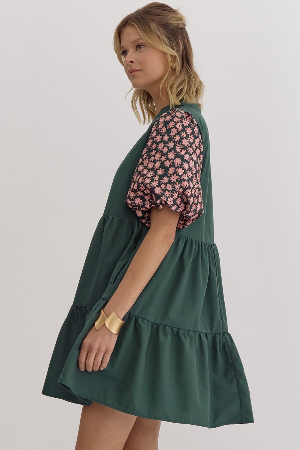 SOLID V NECK BUBBLE SLEEVE MINI DRESS - HUNTER GREEN