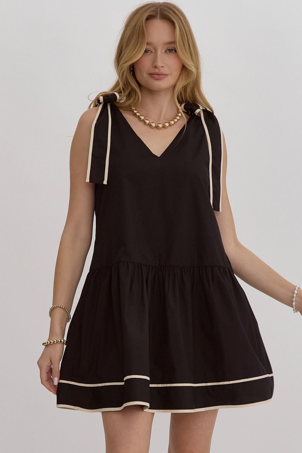 SHOULDER TIE MINI DRESS - BLACK