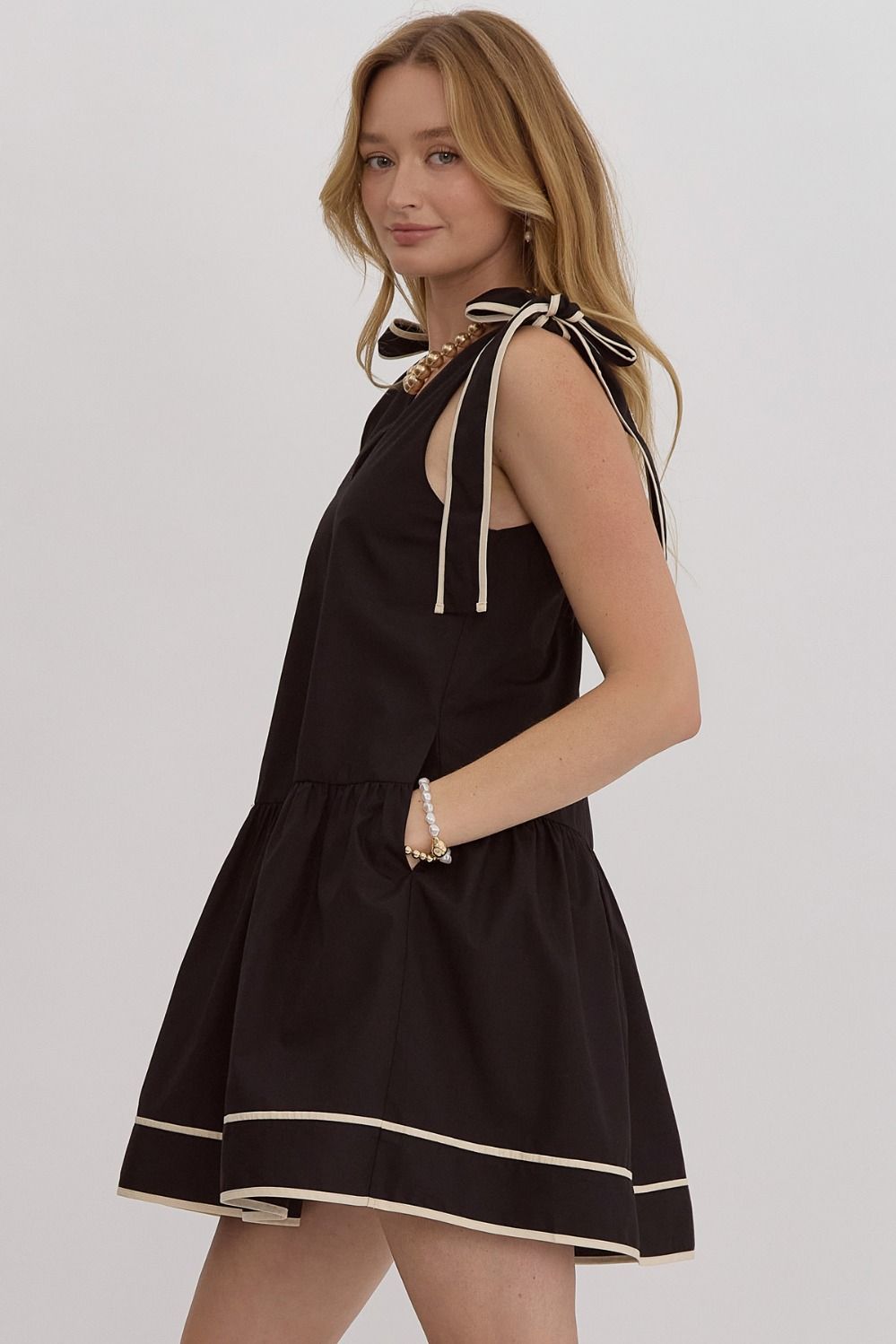 SHOULDER TIE MINI DRESS - BLACK