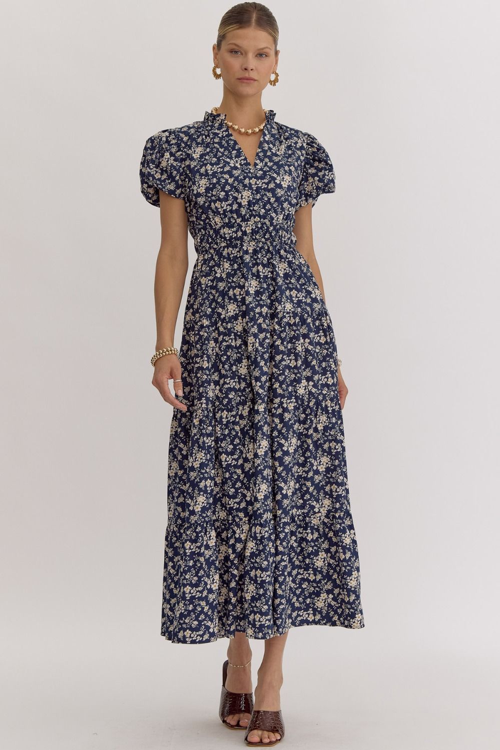 FLORAL V NECK MIDI DRESS - NAVY