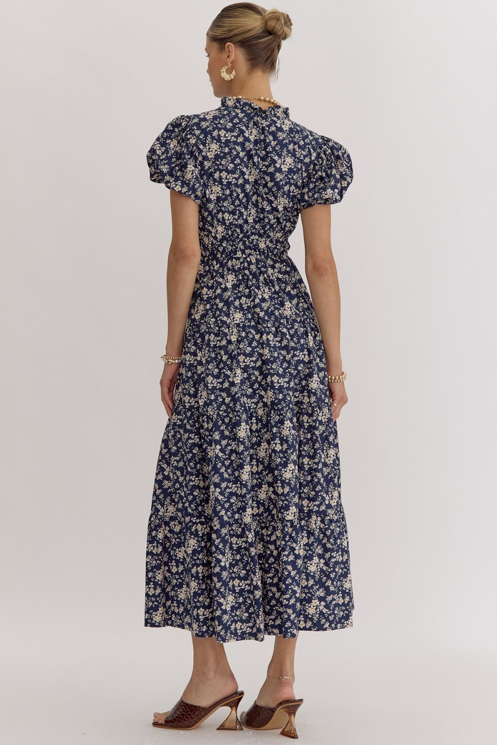 FLORAL V NECK MIDI DRESS - NAVY