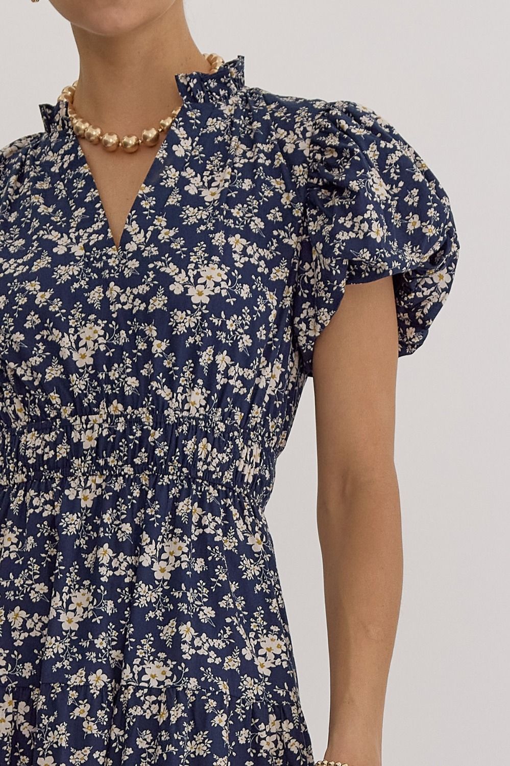 FLORAL V NECK MIDI DRESS - NAVY