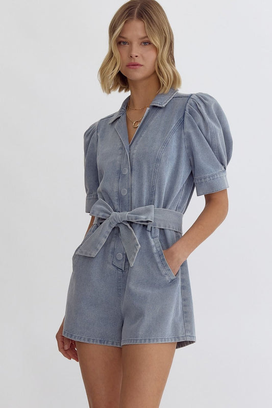 DENIM PUFF SLEEVE ROMPER