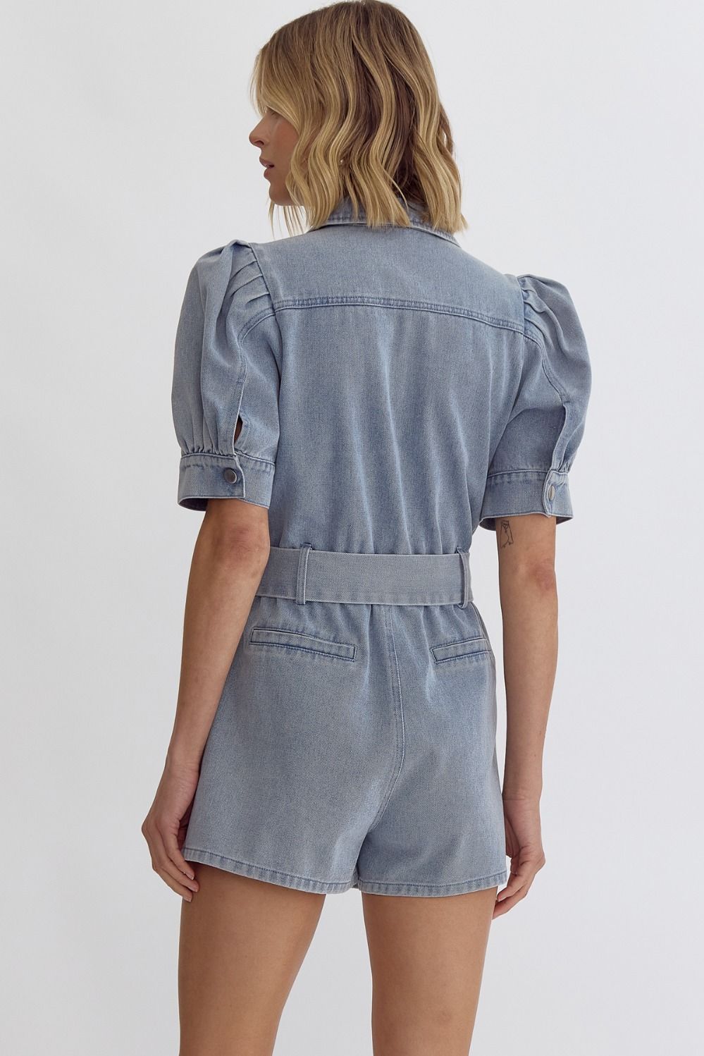 DENIM PUFF SLEEVE ROMPER