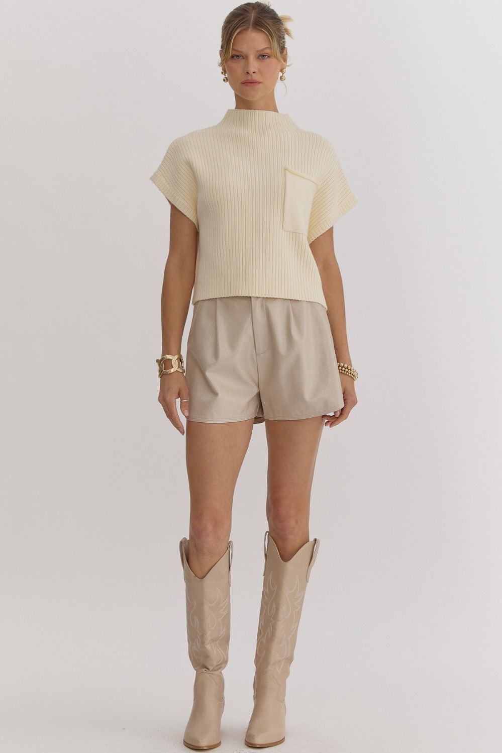 KNITTED MOCK NECK CROPPED TOP - SNOW