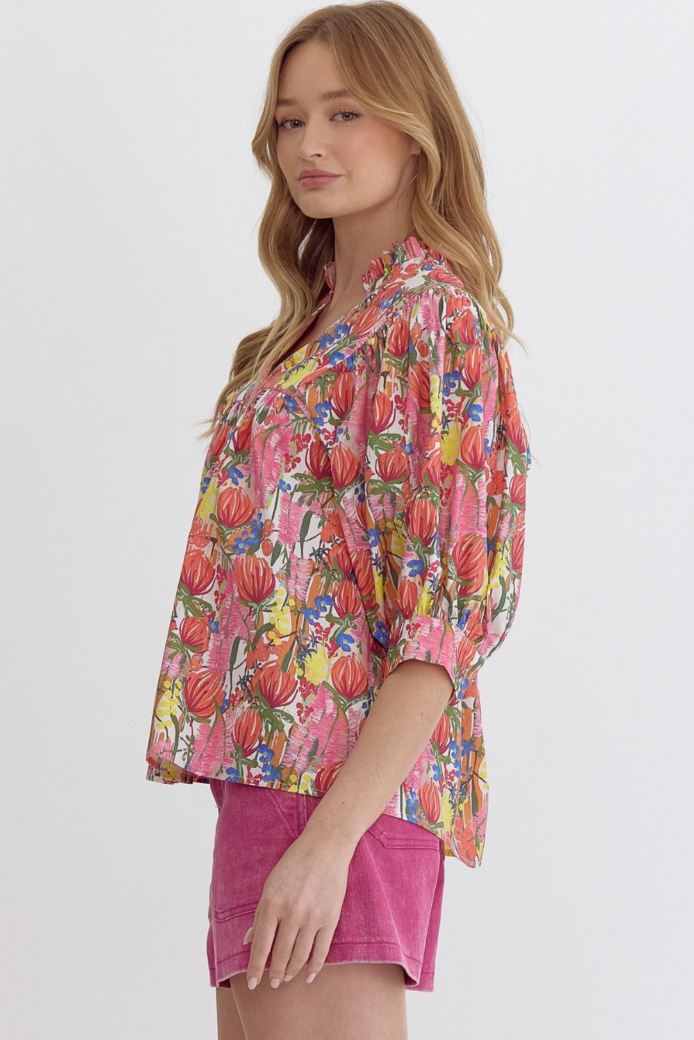 FLORAL PINK V NECK PUFF SLEEVE TOP - PINK MULTI