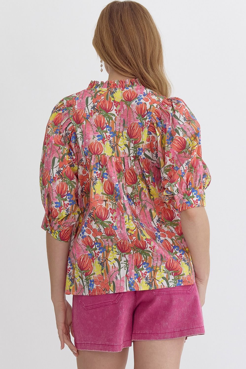 FLORAL PINK V NECK PUFF SLEEVE TOP - PINK MULTI