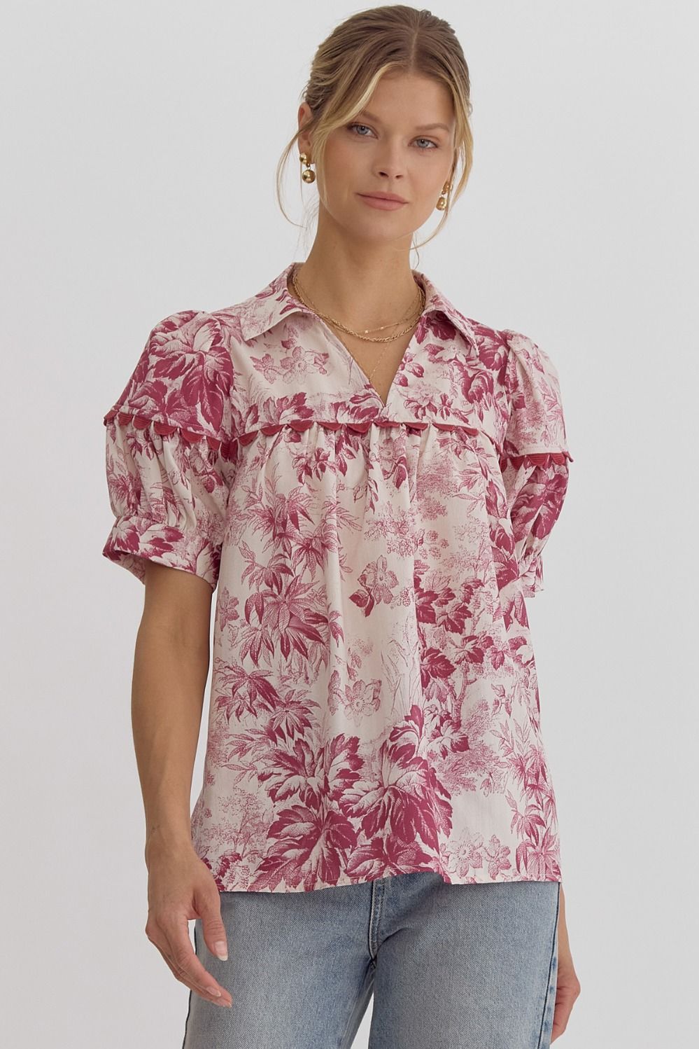 FLORAL V NECK PUFF SLEEVE TOP - MERLOT