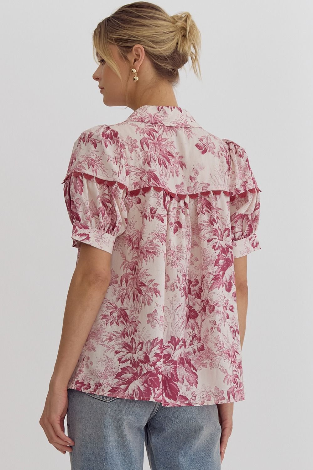 FLORAL V NECK PUFF SLEEVE TOP - MERLOT