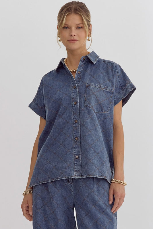 DENIM BUTTON DOWN TOP - DENIM BLUE