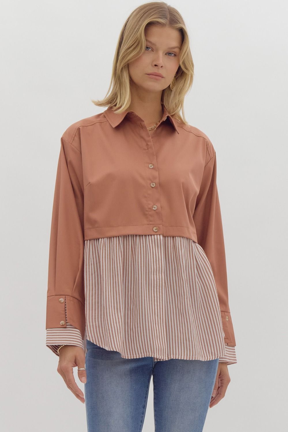 TWOFER LONG SLEEVE COLLARED TOP - GINGER