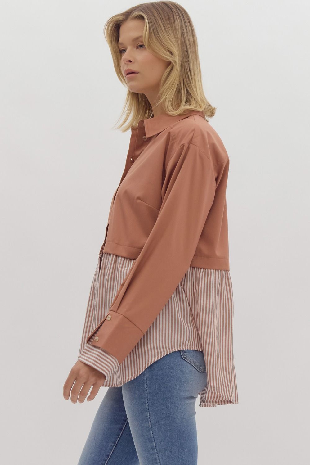 TWOFER LONG SLEEVE COLLARED TOP - GINGER