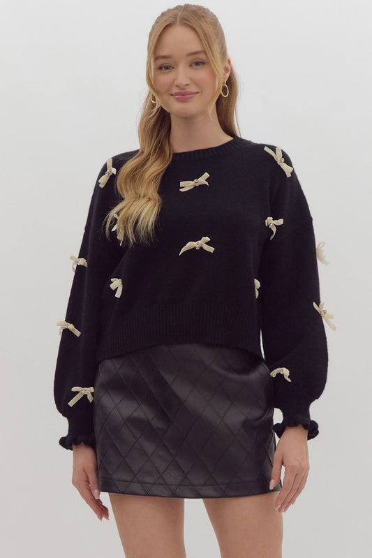 ROUND NECK SWEATER WITH BOWS - BLACK