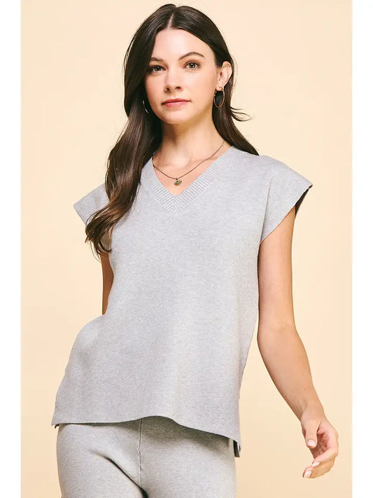 V NECK SWEATER VEST - HEATHER GREY