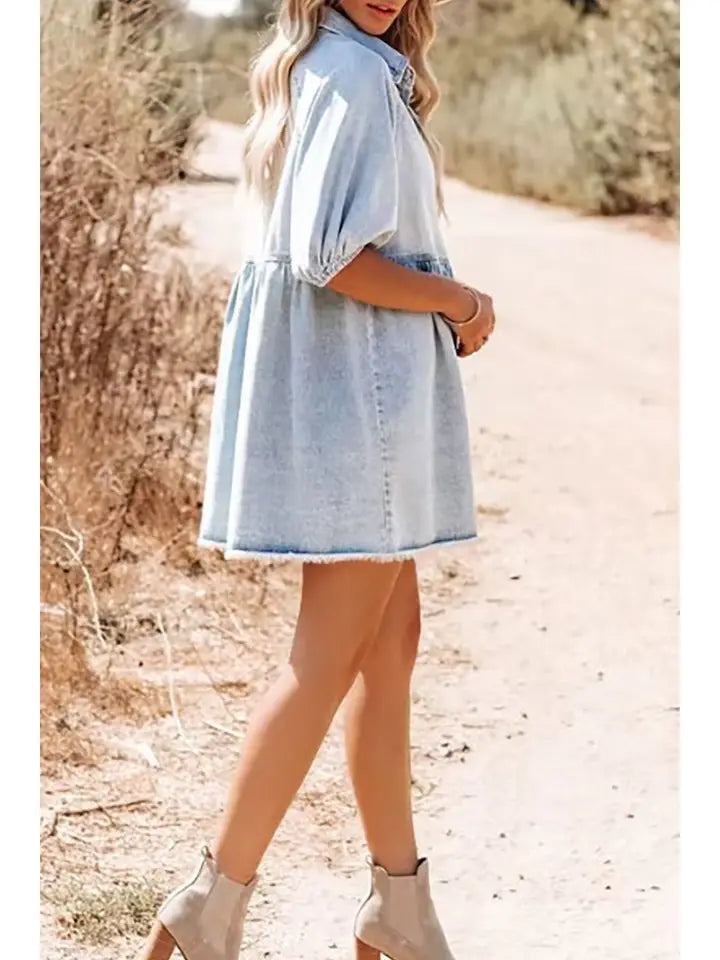 PUFF SLEEVE LIGHT DENIM DRESS