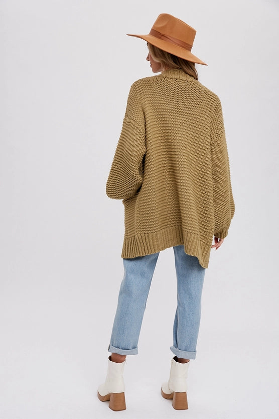 CHUNKY CABLE SLEEVE CARDIGAN - OLIVE