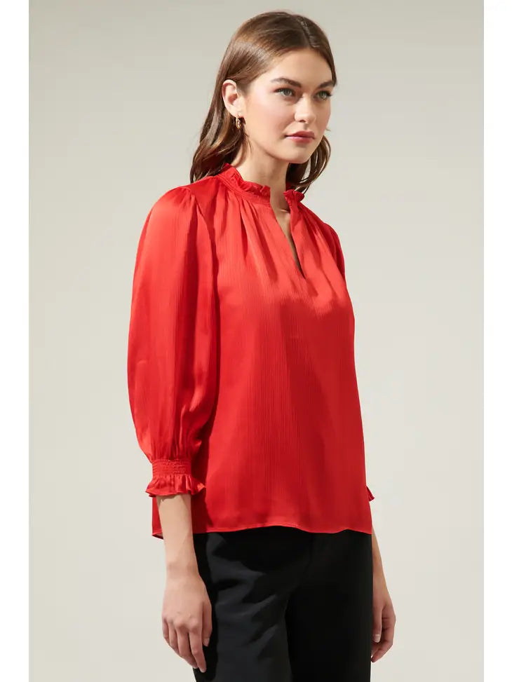 RODEO SPLIT NECK BLOUSE - RED