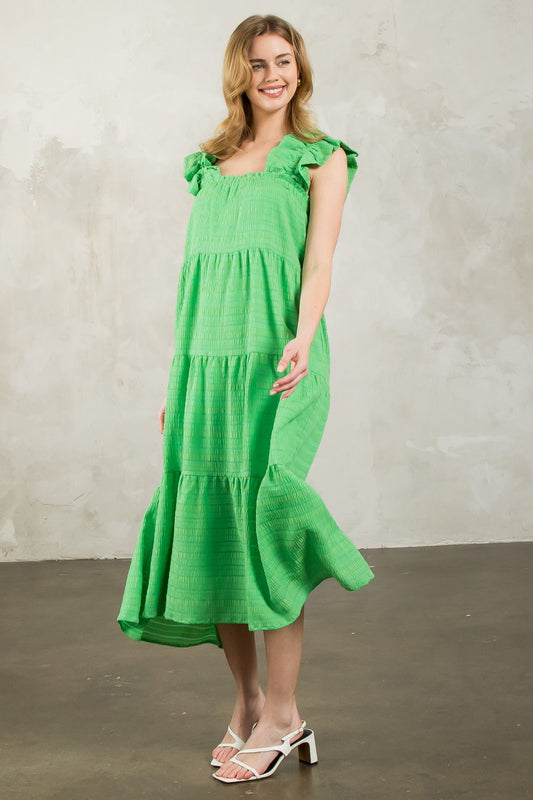 TEXTURED TIERED MAXI DRESS - GREEN