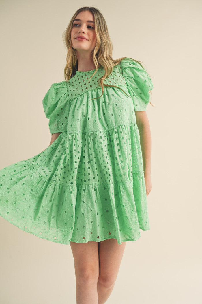 EYELET BABYDOLL MINI DRESS - APPLE GREEN