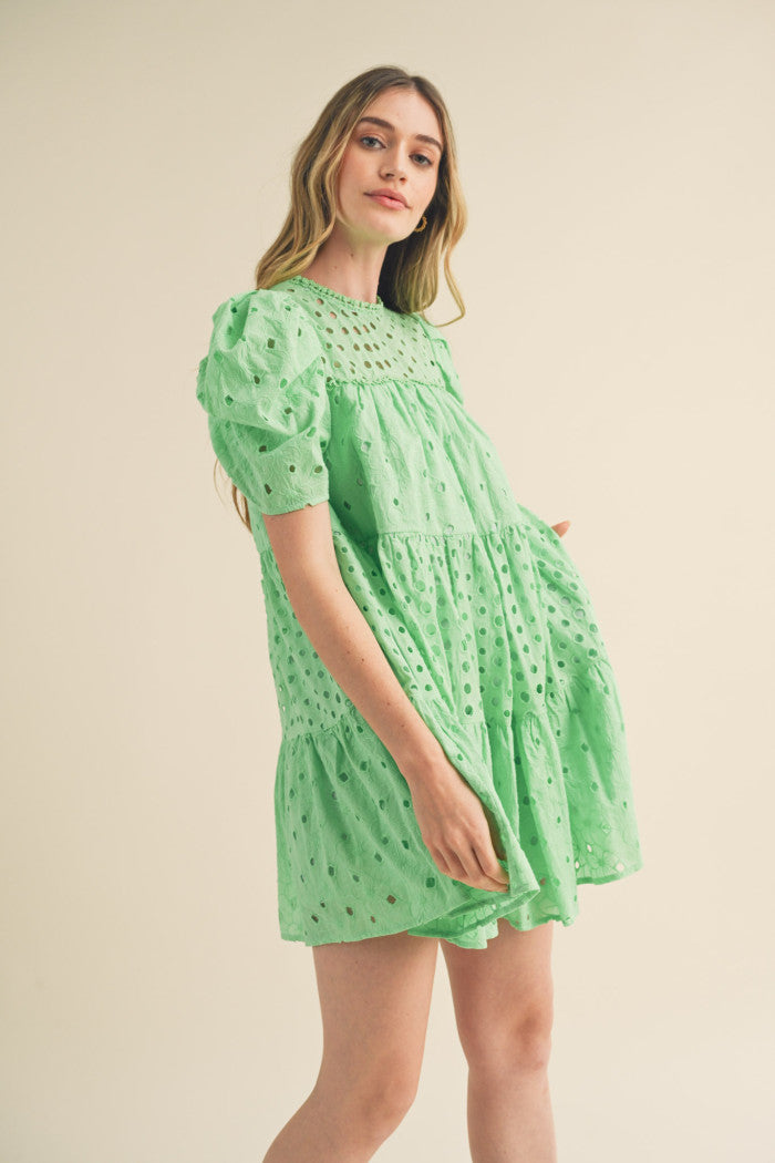 EYELET BABYDOLL MINI DRESS - APPLE GREEN