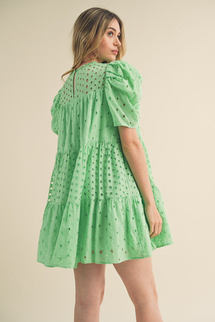 EYELET BABYDOLL MINI DRESS - APPLE GREEN