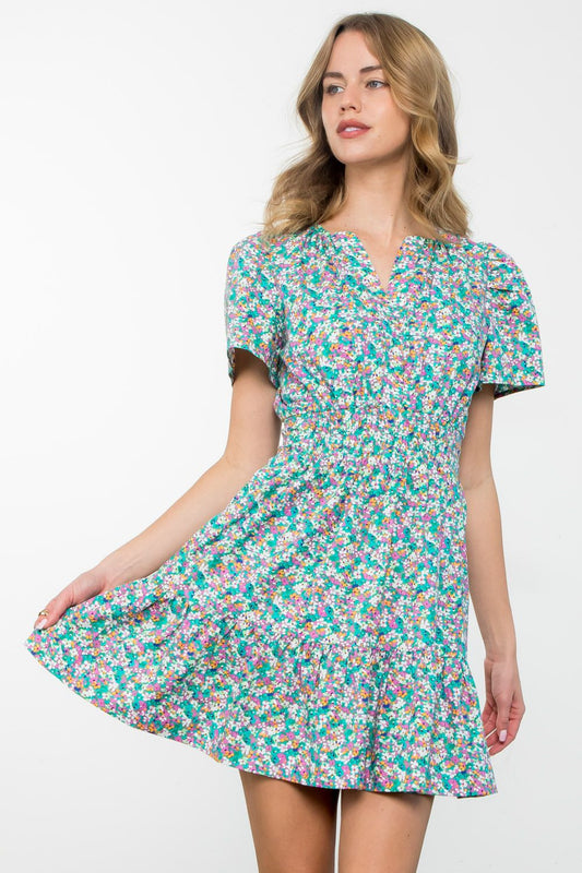 SHORT SLEEVE FLORAL DRESS - AQUA