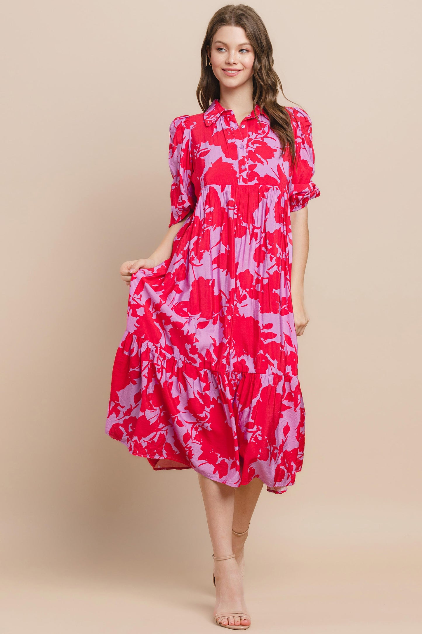 COLLARED MIDI DRESS - RED