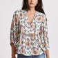 PANELED DETAIL V NECK 3/4 SLEEVE - FLOWER MEDALLION