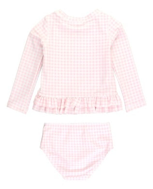 RUFFLE HEM RASH GAURD TWO PIECE - PINK GINGHAM