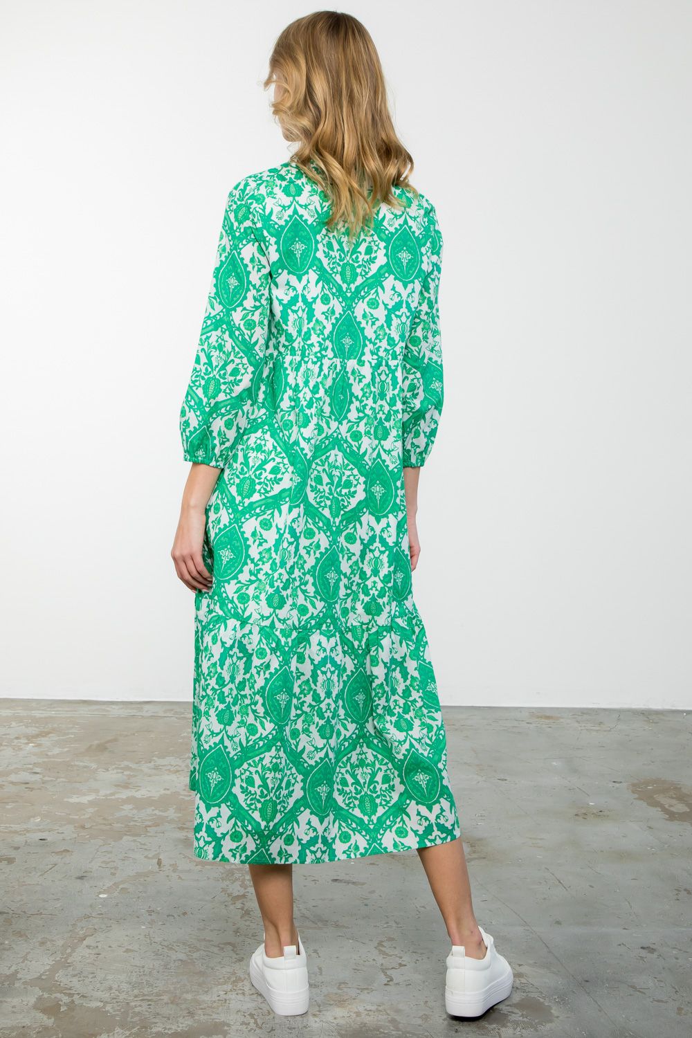 LONG SLEEVE PRINT MAXI DRESS - GREEN