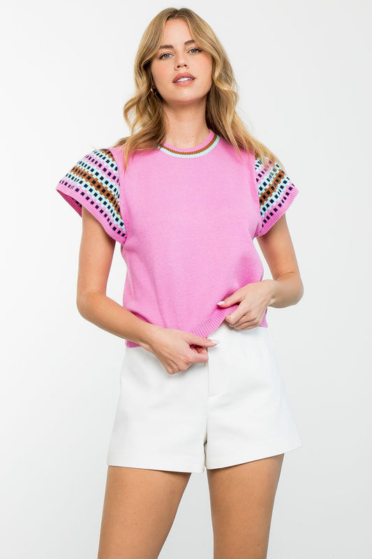 PATTERN SHORT SLEEVE KNIT TOP - PINK