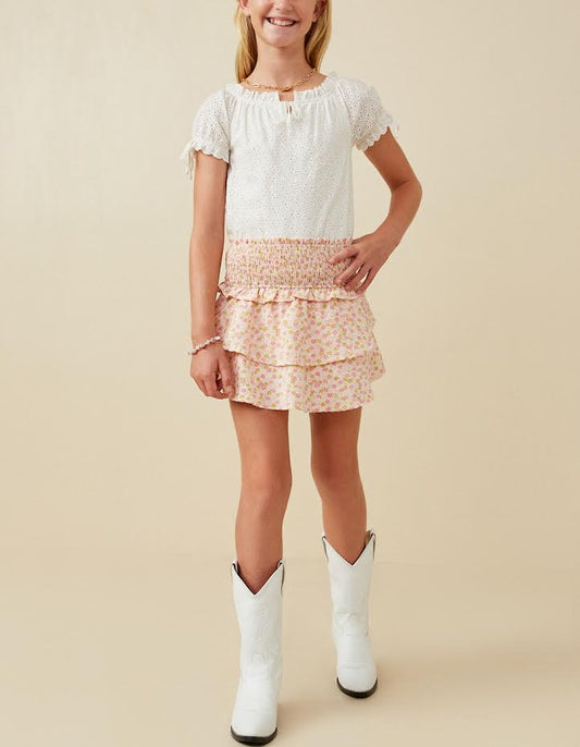 DITSY FLORAL SMOCKED TIERED SKIRT - PINK