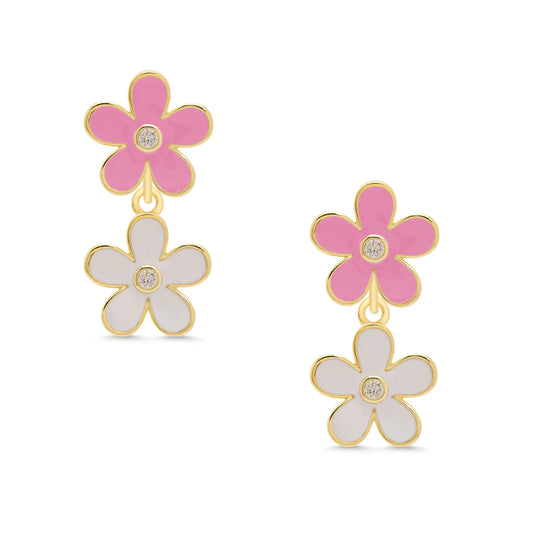 DOUBLE FLOWER DANGLE EARRINGS - PINK/WHITE